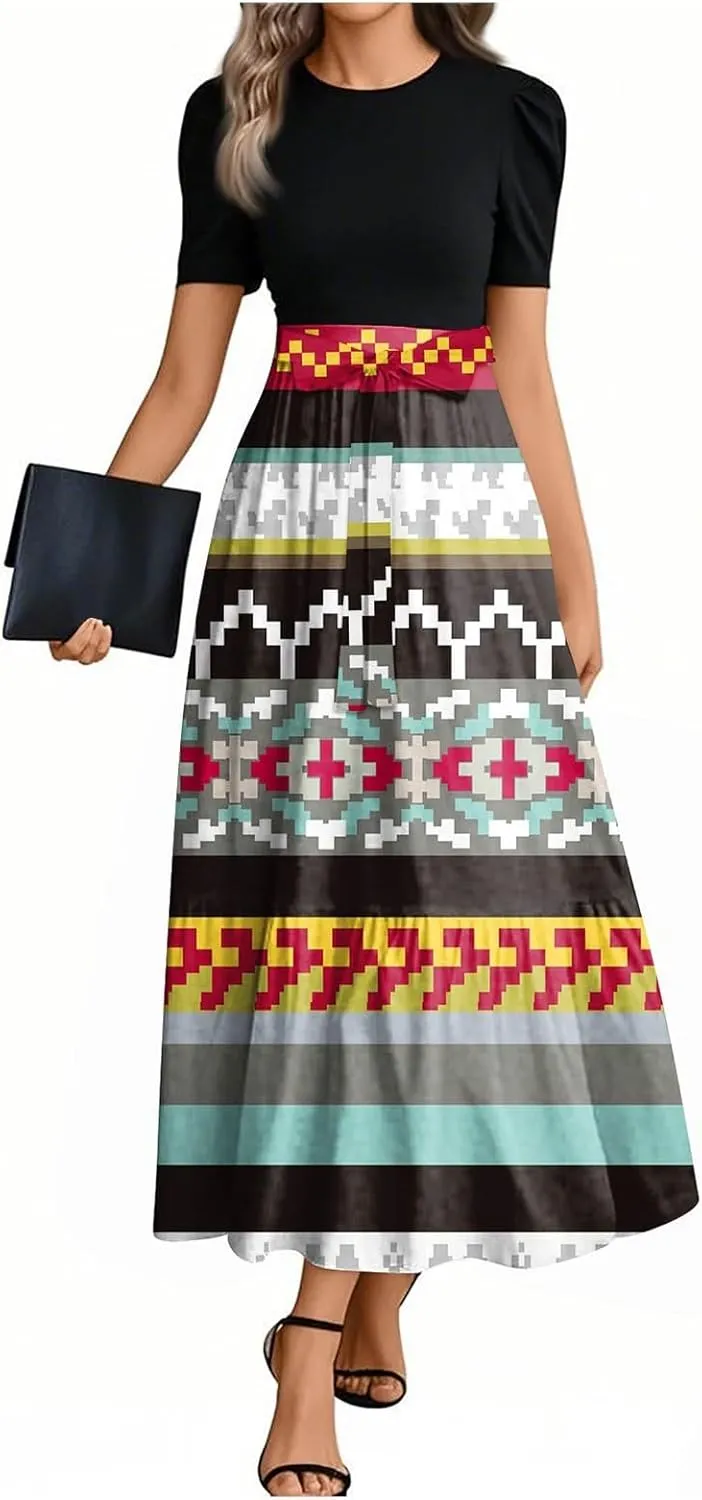 Dresses for Women 2025 Elegant Boho Tie Belted Patchwork Empire Waist Short Sleeve Modest Flowy Maxi Dress