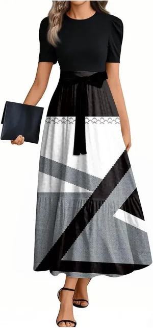 Dresses for Women 2025 Elegant Boho Tie Belted Patchwork Empire Waist Short Sleeve Modest Flowy Maxi Dress
