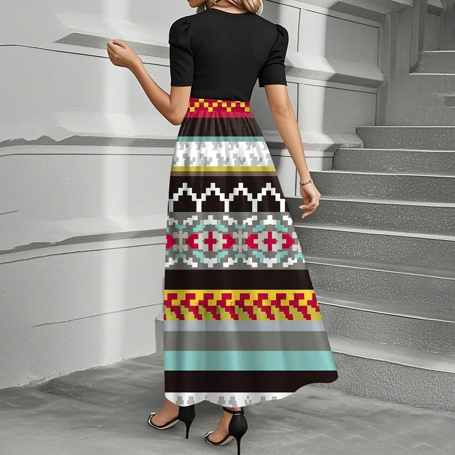 Dresses for Women 2025 Elegant Boho Tie Belted Patchwork Empire Waist Short Sleeve Modest Flowy Maxi Dress
