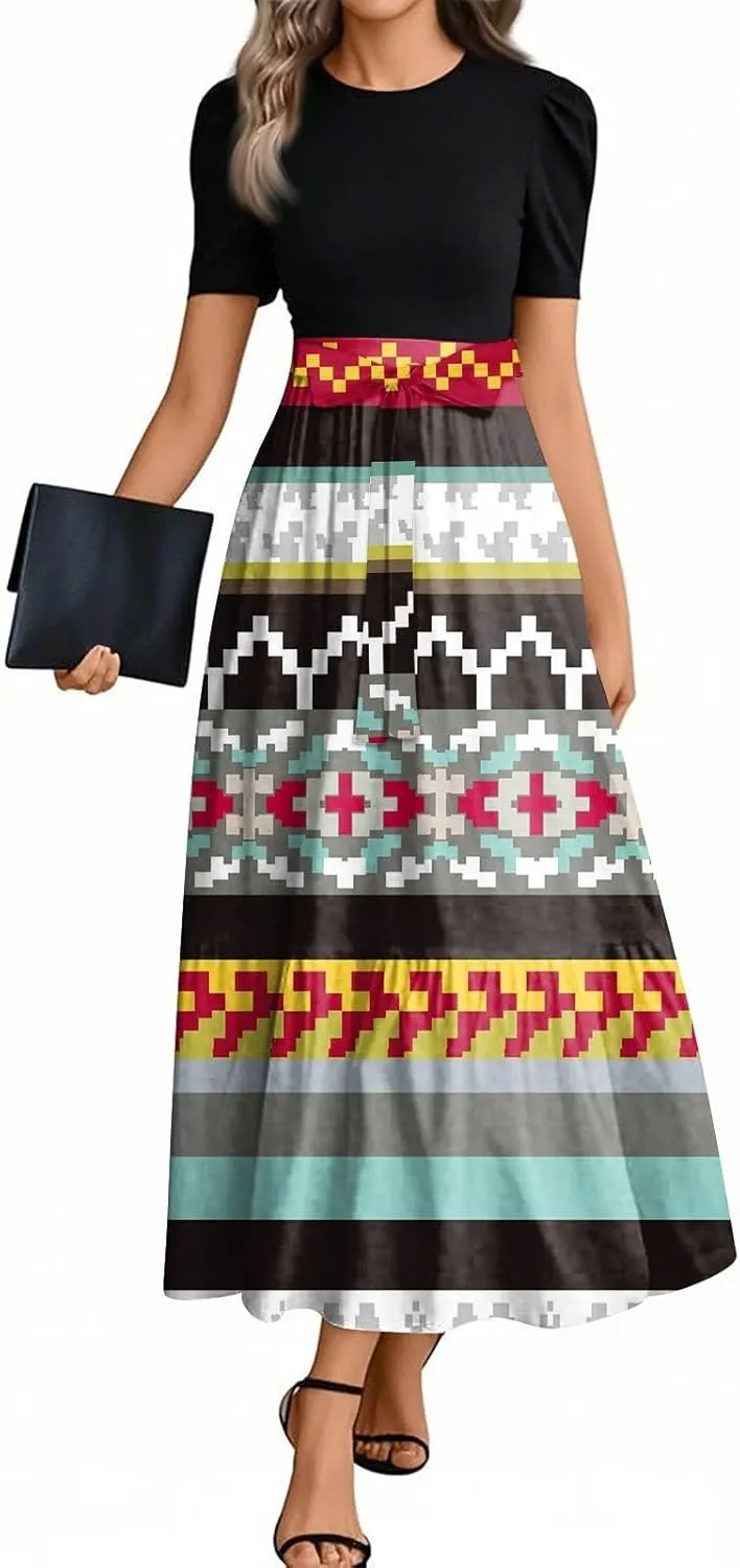 Dresses for Women 2025 Elegant Boho Tie Belted Patchwork Empire Waist Short Sleeve Modest Flowy Maxi Dress