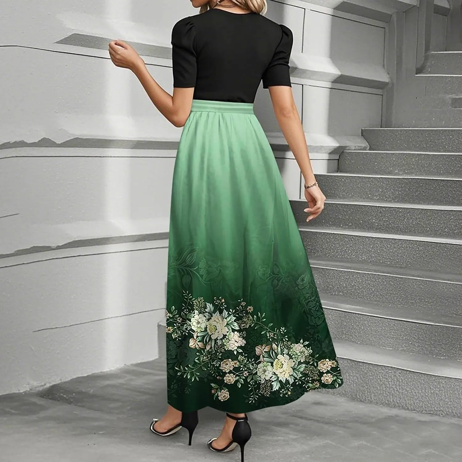 Dresses for Women 2025 Elegant Floral Print Tie Belted Patchwork Empire Waist Short Sleeve Modest Flowy Maxi Dress