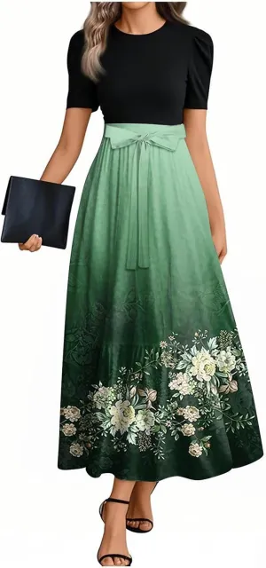 Dresses for Women 2025 Elegant Floral Print Tie Belted Patchwork Empire Waist Short Sleeve Modest Flowy Maxi Dress