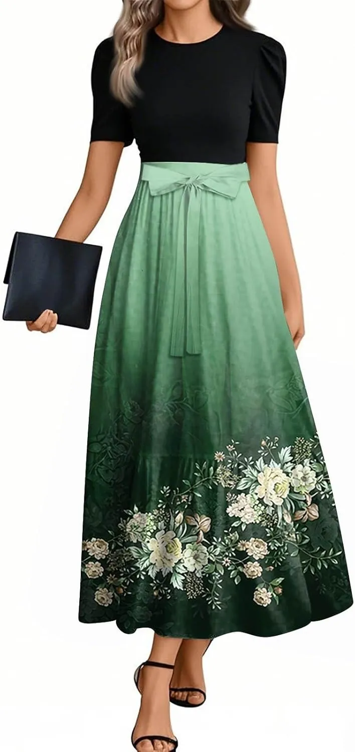 Dresses for Women 2025 Elegant Floral Print Tie Belted Patchwork Empire Waist Short Sleeve Modest Flowy Maxi Dress