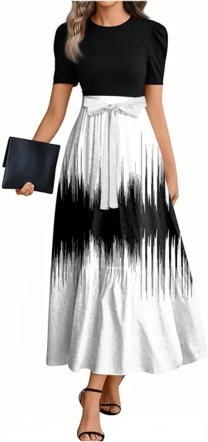 Dresses for Women 2025 Floral Print Elegant Tie Belted Patchwork Empire Waist Short Sleeve Modest Flowy Maxi Dress