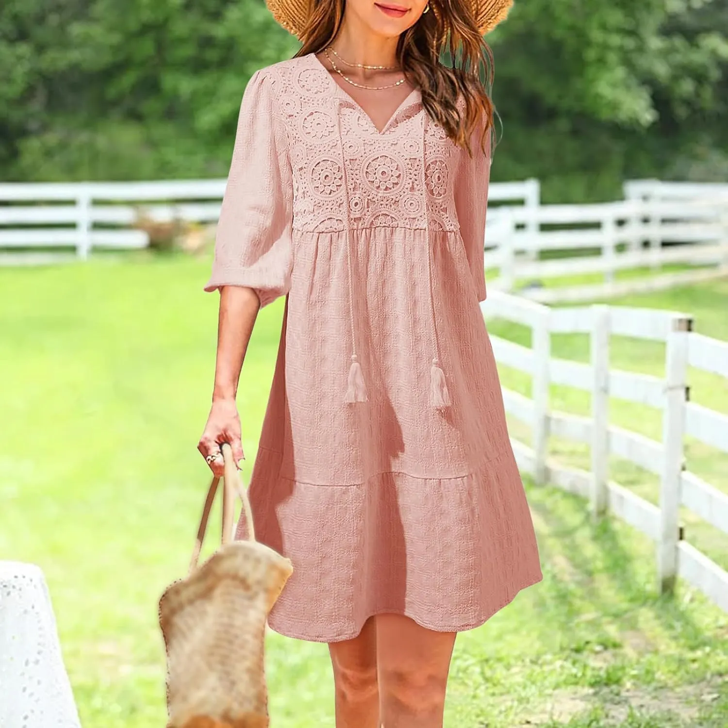 Dresses for Women Boho Loose Fit Drawstring V Neck Short Sleeve Printed Mini Dress Summer Casual Dressy 2025
