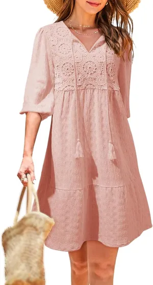 Dresses for Women Boho Loose Fit Drawstring V Neck Short Sleeve Printed Mini Dress Summer Casual Dressy 2025