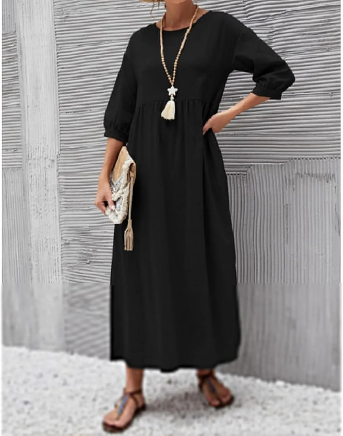 Dresses for Women Summer Cotton Linen 3/4 Sleeve Crewneck Ruffle Dress Loose Fit Casual Dresses with Pocket 2025