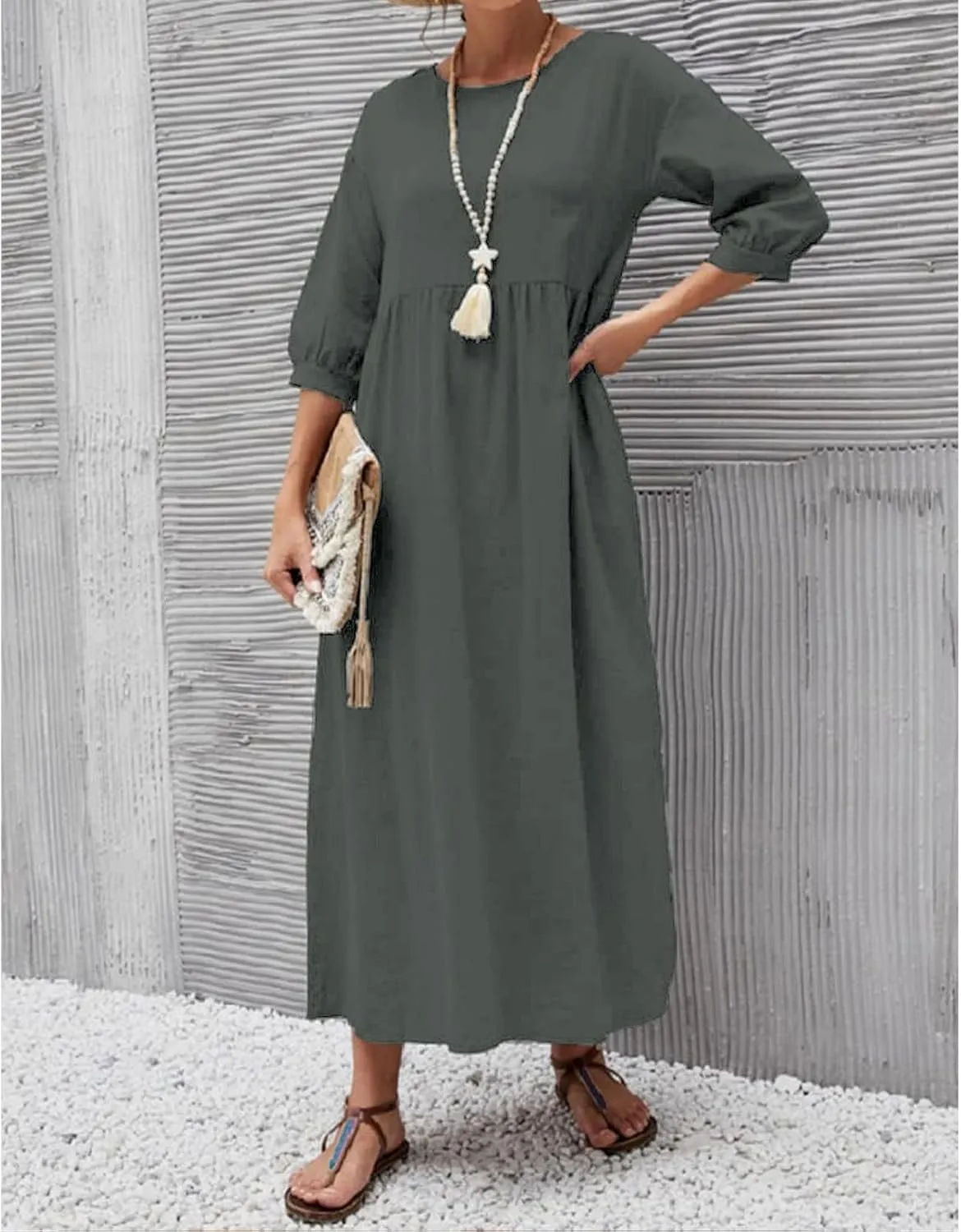 Dresses for Women Summer Cotton Linen 3/4 Sleeve Crewneck Ruffle Dress Loose Fit Casual Dresses with Pocket 2025