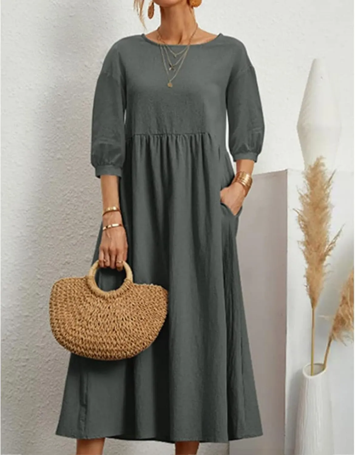 Dresses for Women Summer Cotton Linen 3/4 Sleeve Crewneck Ruffle Dress Loose Fit Casual Dresses with Pocket 2025