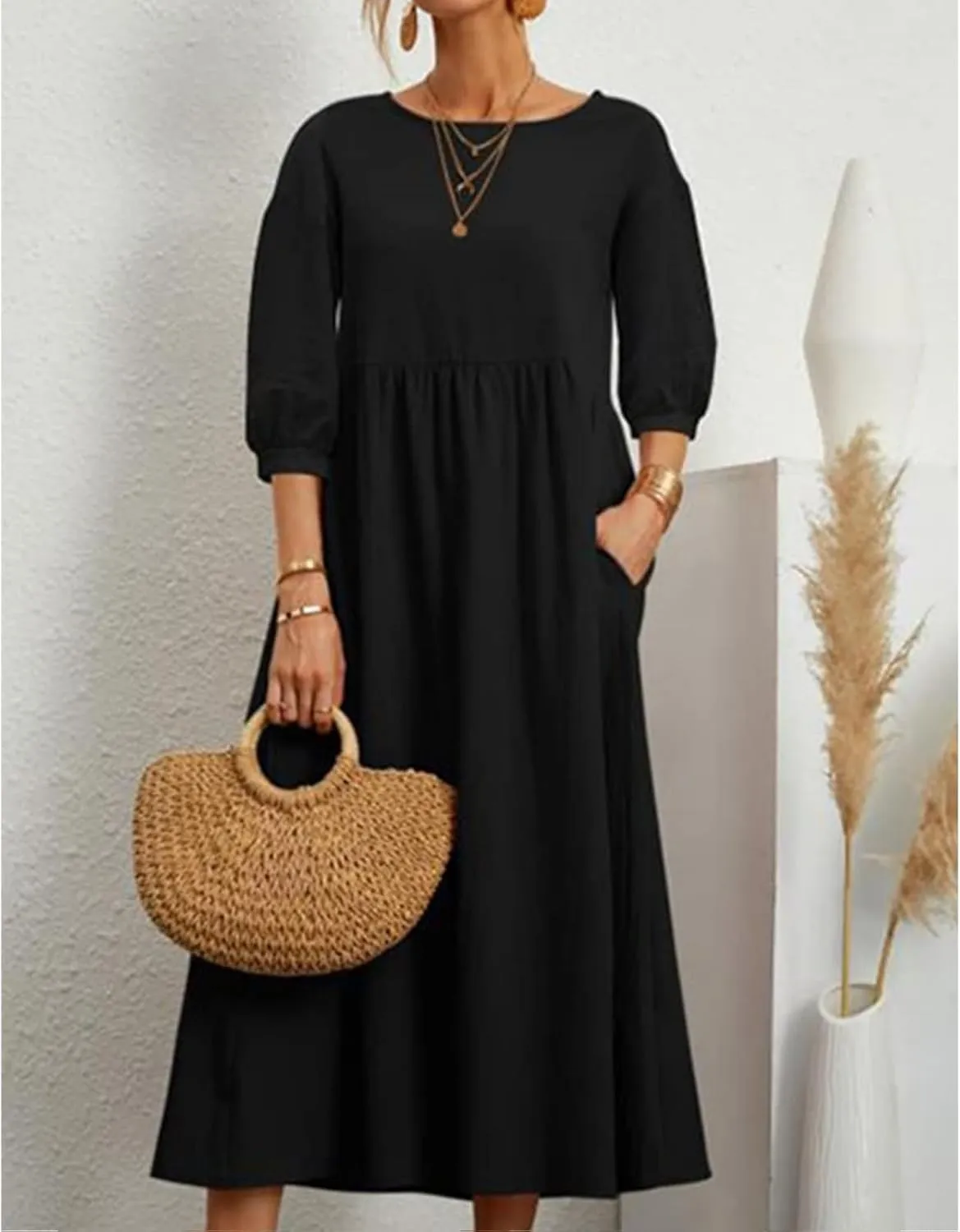 Dresses for Women Summer Cotton Linen 3/4 Sleeve Crewneck Ruffle Dress Loose Fit Casual Dresses with Pocket 2025
