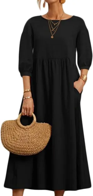 Dresses for Women Summer Cotton Linen 3/4 Sleeve Crewneck Ruffle Dress Loose Fit Casual Dresses with Pocket 2025