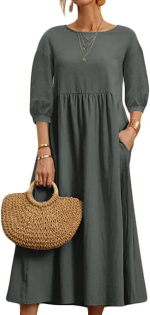 Dresses for Women Summer Cotton Linen 3/4 Sleeve Crewneck Ruffle Dress Loose Fit Casual Dresses with Pocket 2025