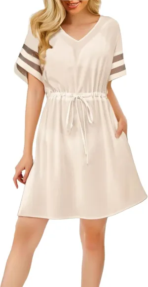 Dresses for Women Summer V Neck Short Sleeve Mini Beach Dress Waist Drawstring A-Line Sundresses