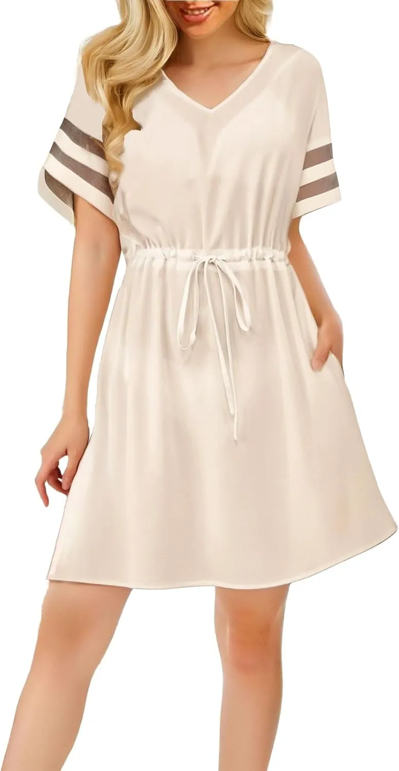 Dresses for Women Summer V Neck Short Sleeve Mini Beach Dress Waist Drawstring A-Line Sundresses