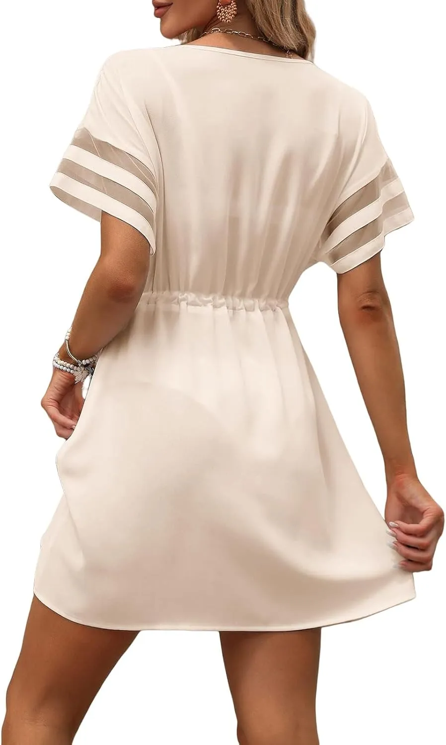 Dresses for Women Summer V Neck Short Sleeve Mini Beach Dress Waist Drawstring A-Line Sundresses