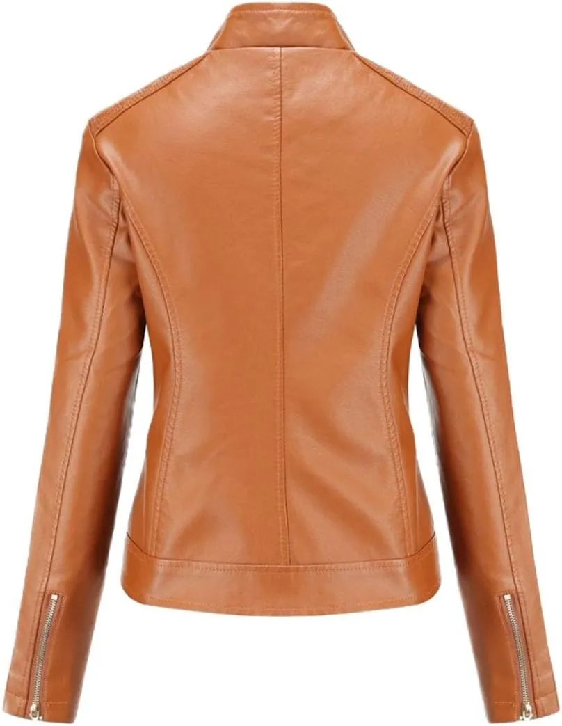 ebossy Women's Casual Full Zip Tailored Faux Leather Moto Biker Jacket