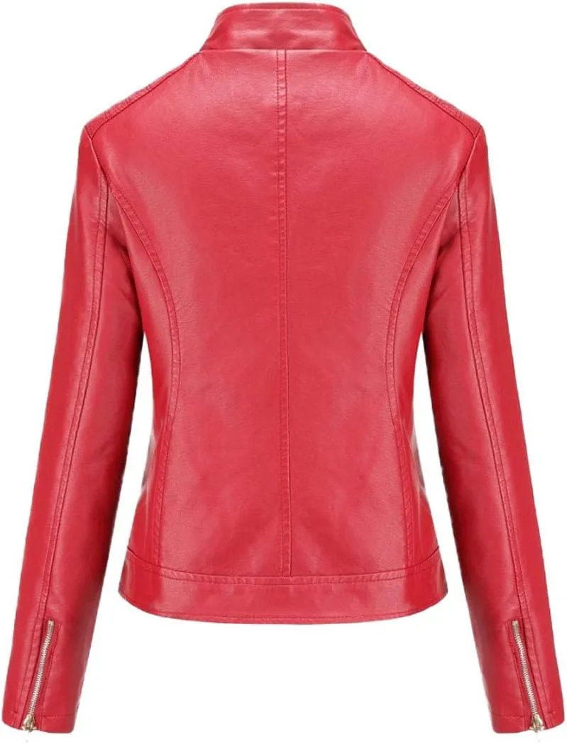 ebossy Women's Casual Full Zip Tailored Faux Leather Moto Biker Jacket