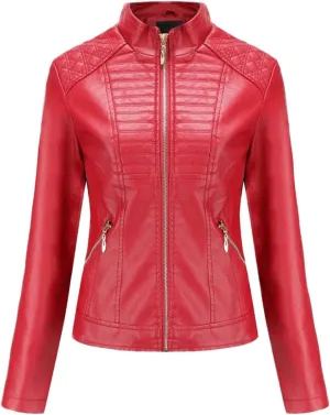 ebossy Women's Casual Full Zip Tailored Faux Leather Moto Biker Jacket