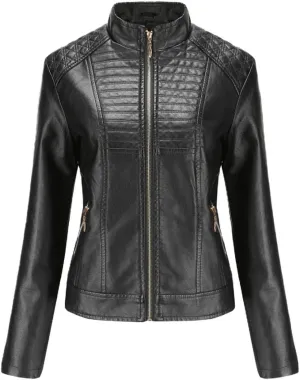ebossy Women's Casual Full Zip Tailored Faux Leather Moto Biker Jacket