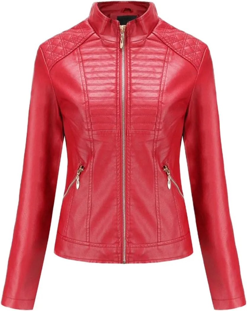 ebossy Women's Casual Full Zip Tailored Faux Leather Moto Biker Jacket