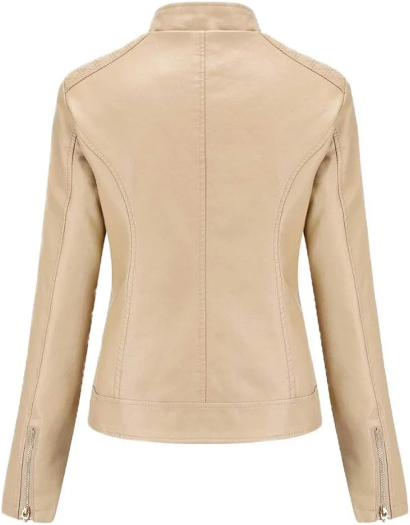 ebossy Women's Casual Full Zip Tailored Faux Leather Moto Biker Jacket