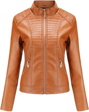 ebossy Women's Casual Full Zip Tailored Faux Leather Moto Biker Jacket