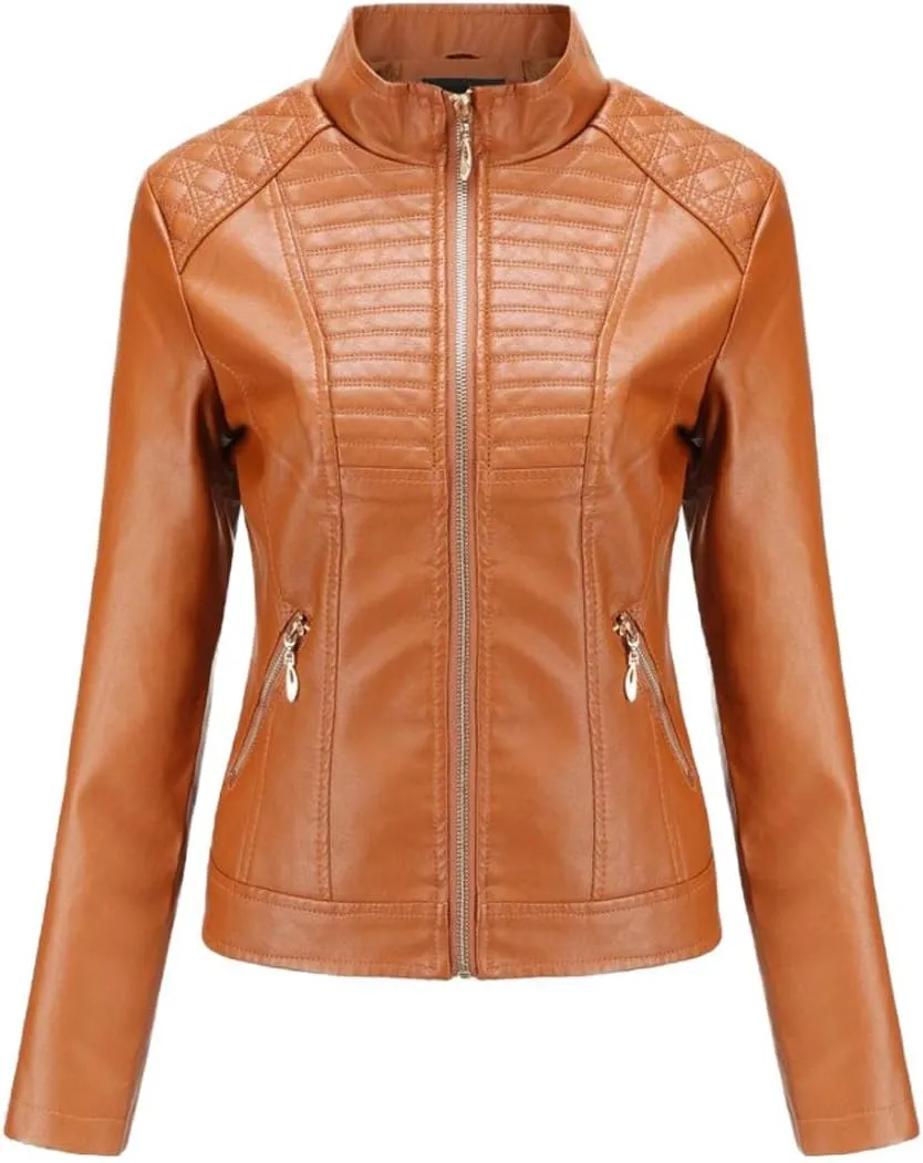 ebossy Women's Casual Full Zip Tailored Faux Leather Moto Biker Jacket