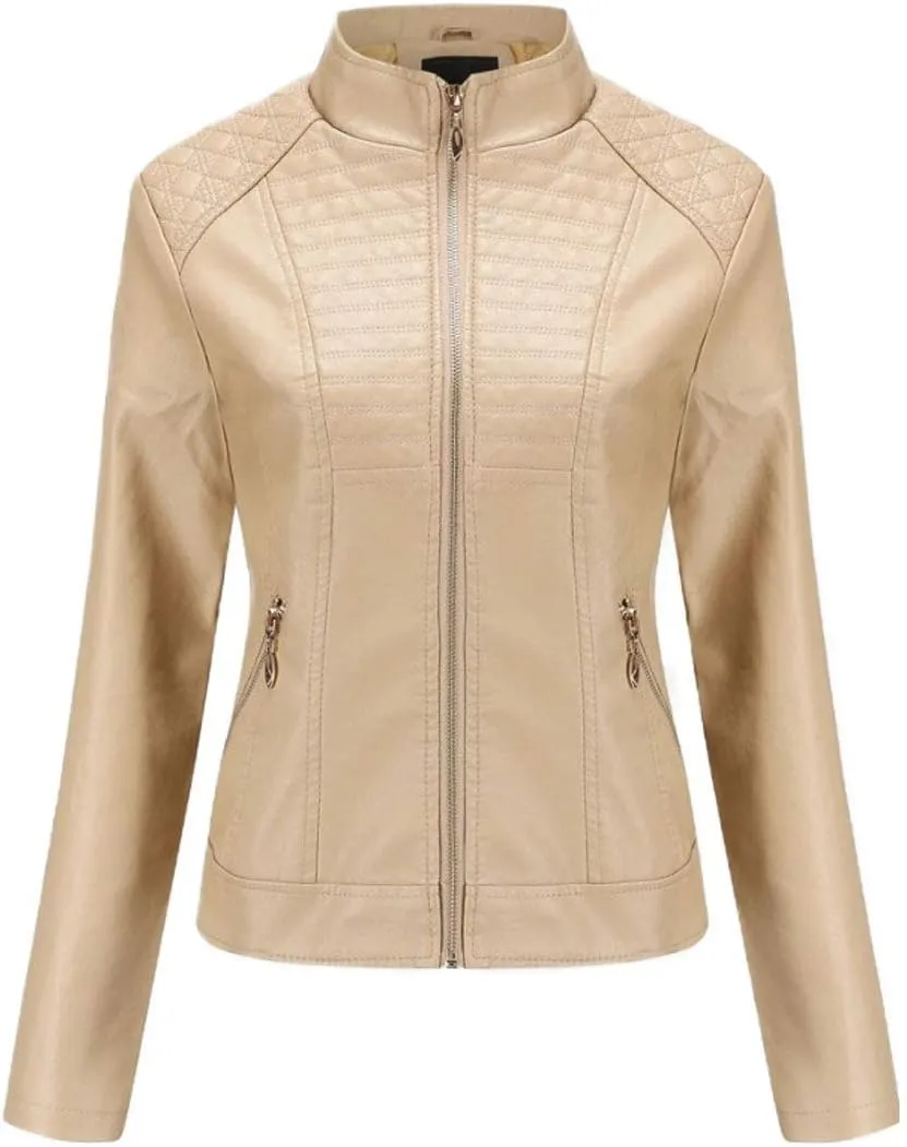 ebossy Women's Casual Full Zip Tailored Faux Leather Moto Biker Jacket