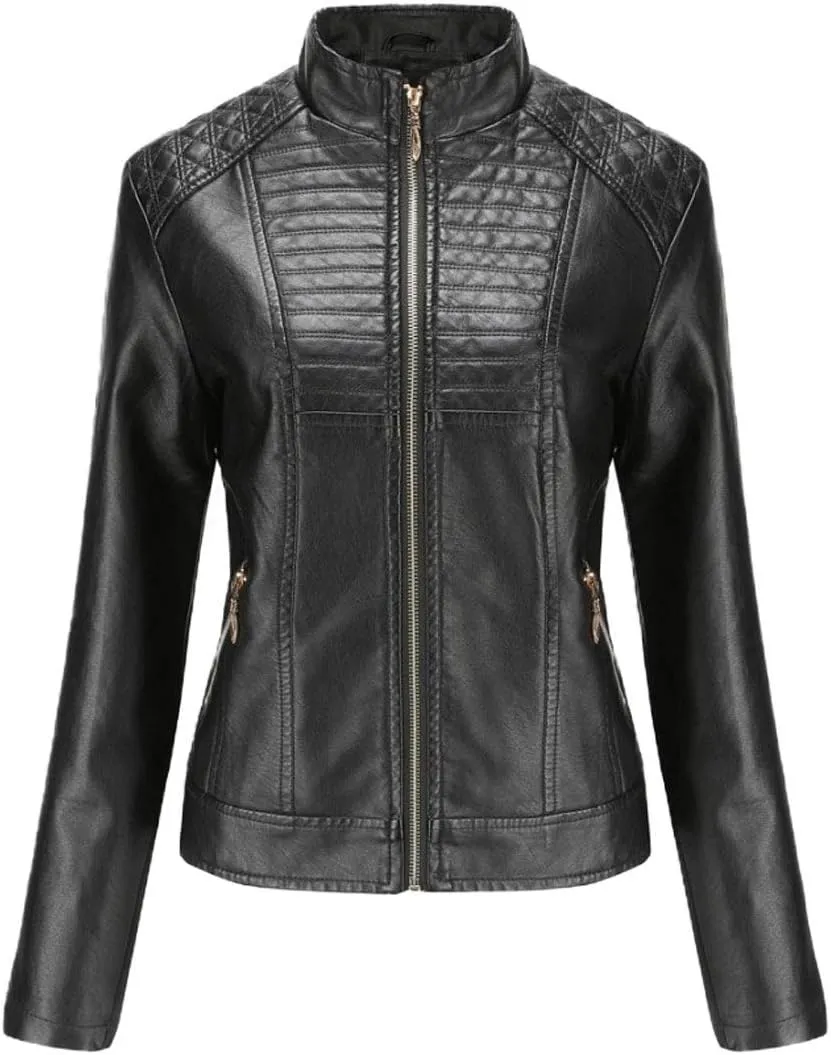 ebossy Women's Casual Full Zip Tailored Faux Leather Moto Biker Jacket