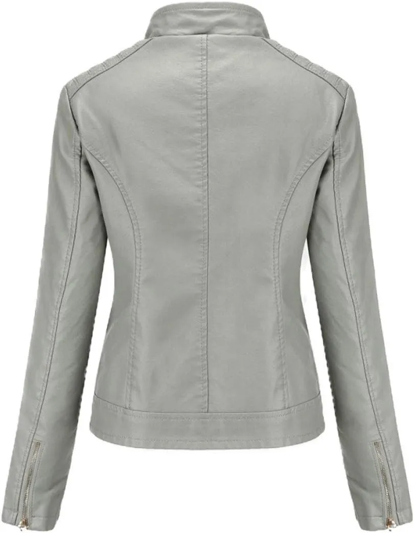 ebossy Women's Casual Full Zip Tailored Faux Leather Moto Biker Jacket