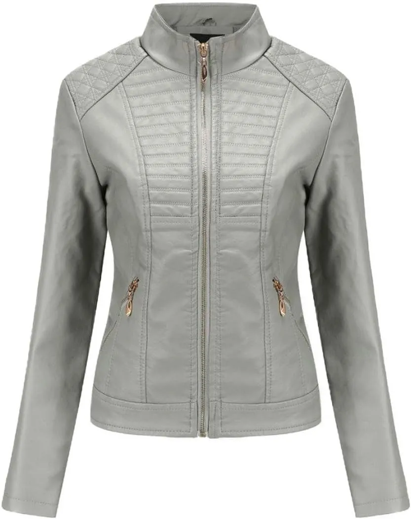 ebossy Women's Casual Full Zip Tailored Faux Leather Moto Biker Jacket