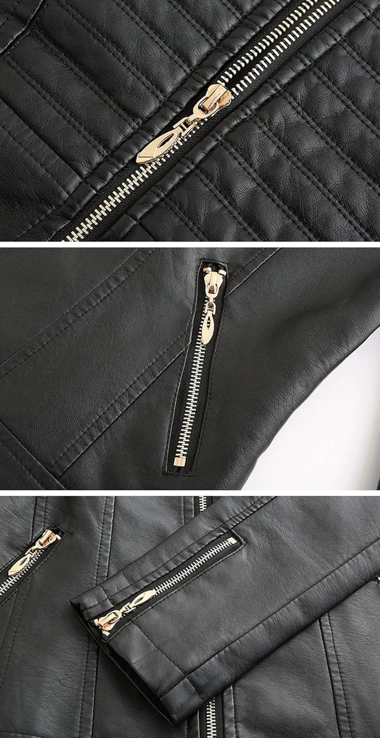 ebossy Women's Casual Full Zip Tailored Faux Leather Moto Biker Jacket