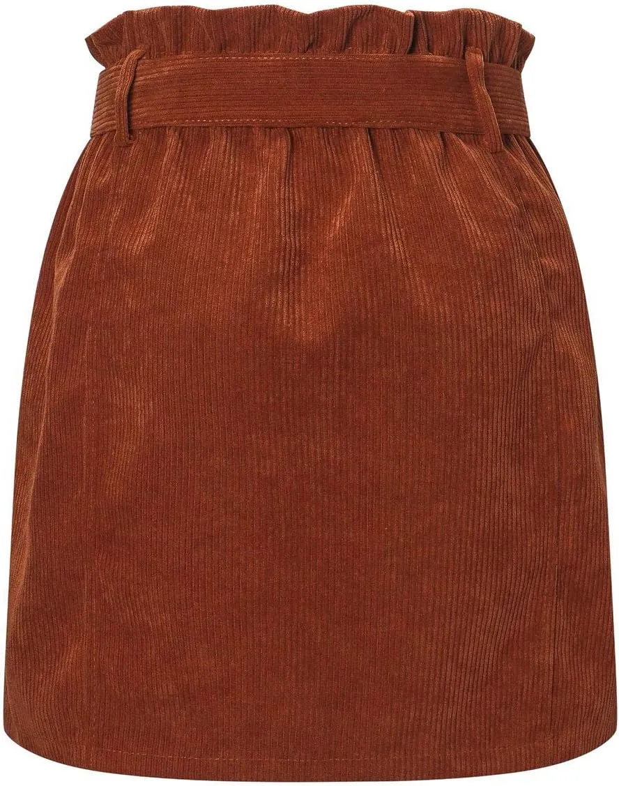 ebossy Women's Paperbag High Waist Button Front Corduroy Mini Skirt with Belt