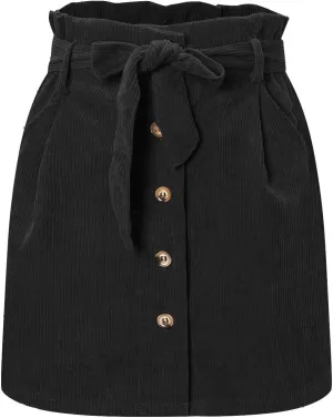 ebossy Women's Paperbag High Waist Button Front Corduroy Mini Skirt with Belt