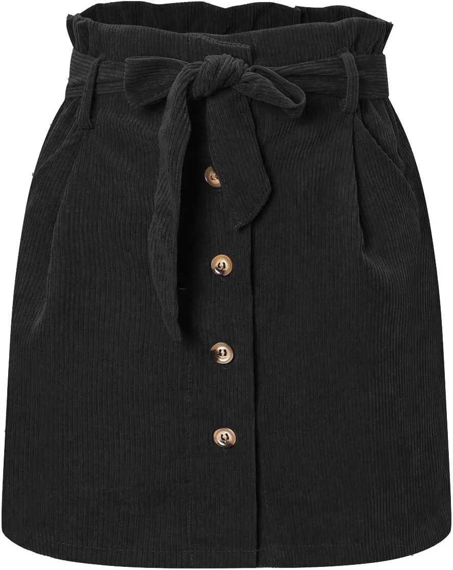 ebossy Women's Paperbag High Waist Button Front Corduroy Mini Skirt with Belt