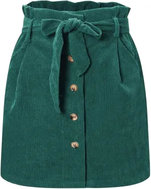 ebossy Women's Paperbag High Waist Button Front Corduroy Mini Skirt with Belt