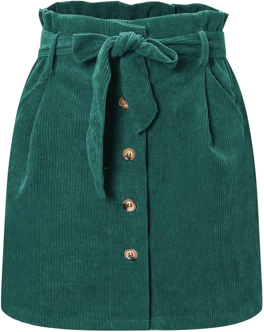 ebossy Women's Paperbag High Waist Button Front Corduroy Mini Skirt with Belt