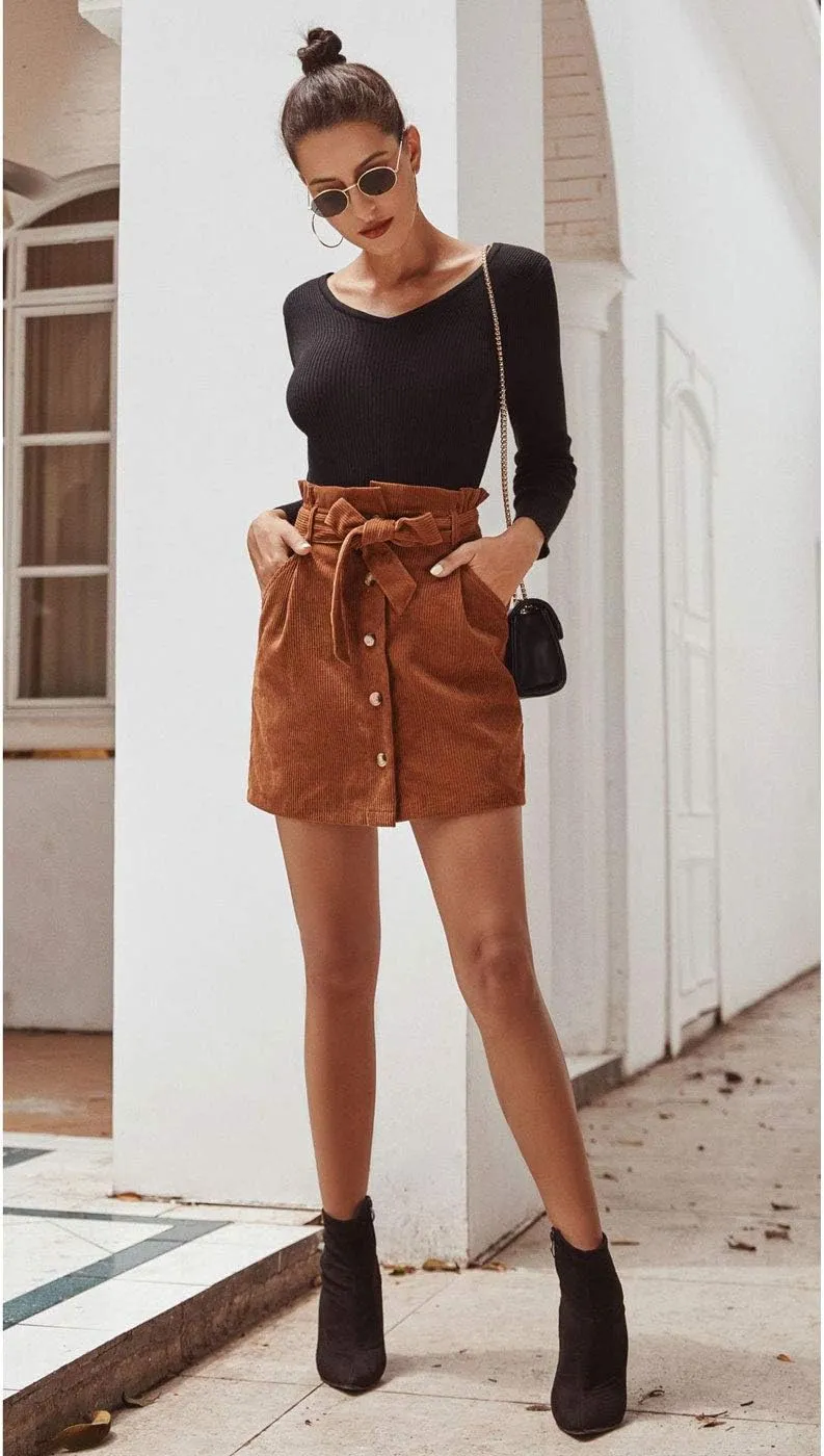 ebossy Women's Paperbag High Waist Button Front Corduroy Mini Skirt with Belt