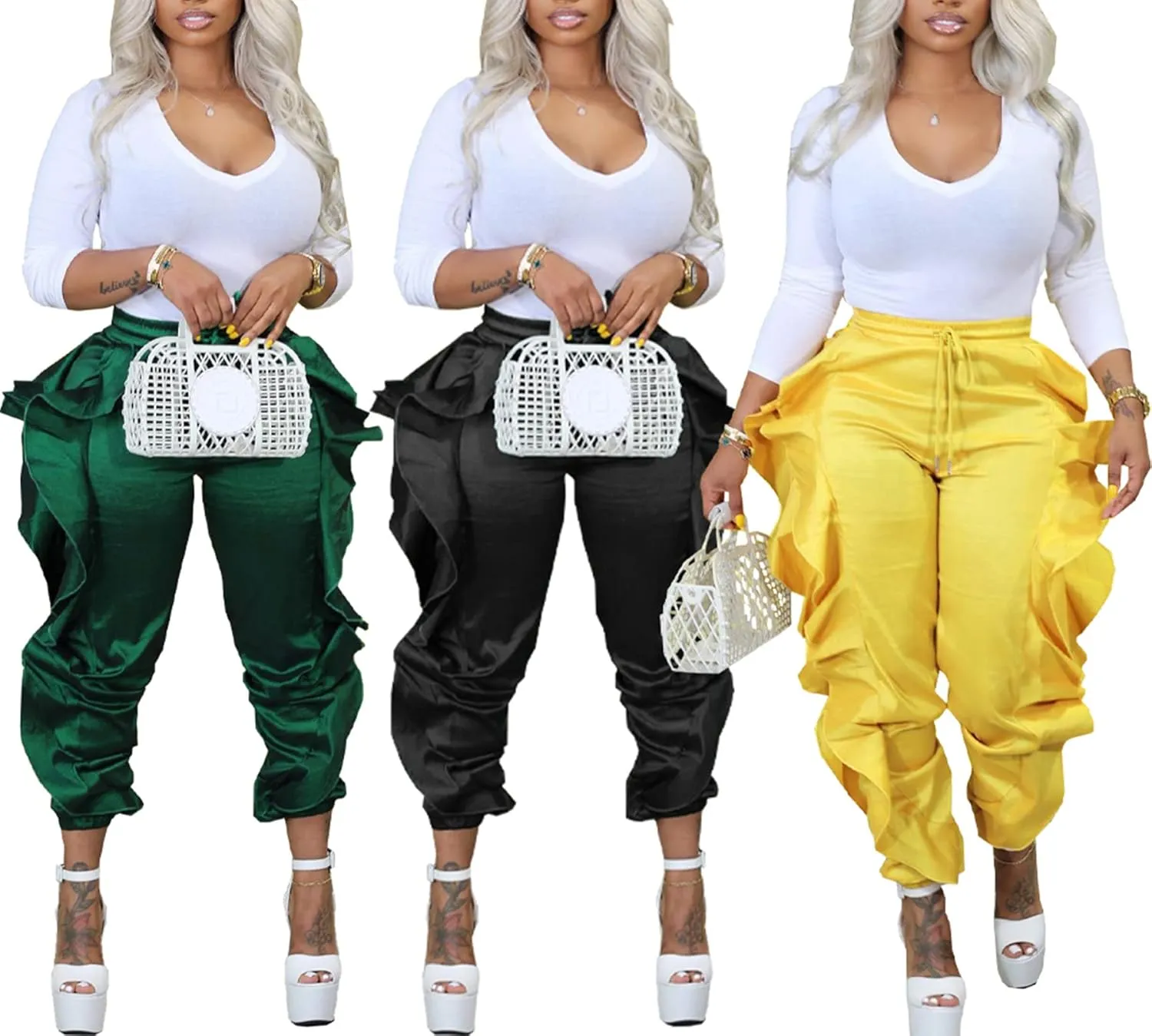 Ecirod Womens Comfy Casual Drawstring Chino Pants High Elastic Waist Paperbag Pants Trousers