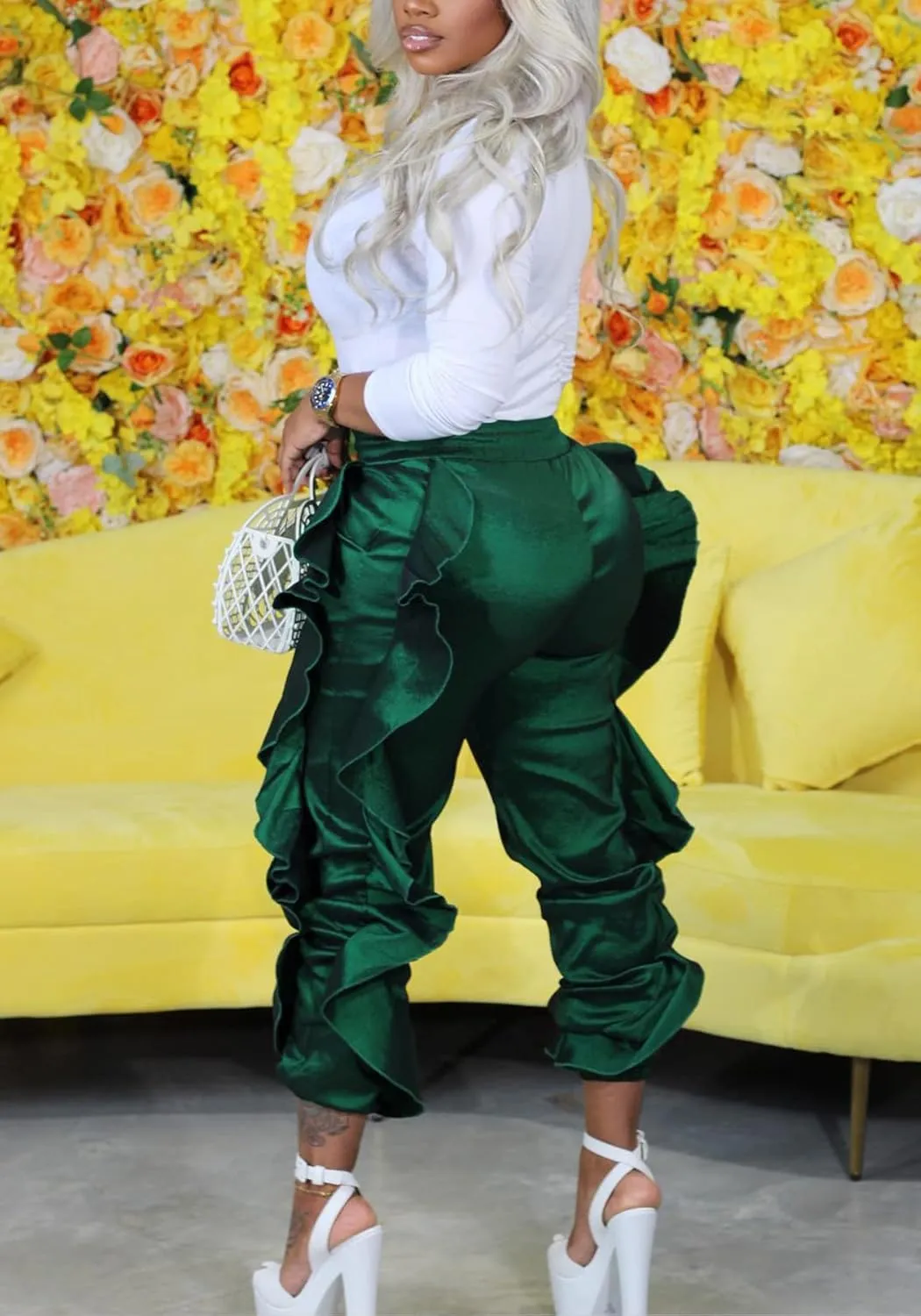 Ecirod Womens Comfy Casual Drawstring Chino Pants High Elastic Waist Paperbag Pants Trousers