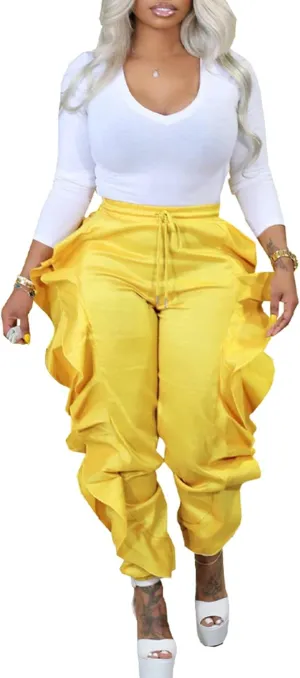 Ecirod Womens Comfy Casual Drawstring Chino Pants High Elastic Waist Paperbag Pants Trousers