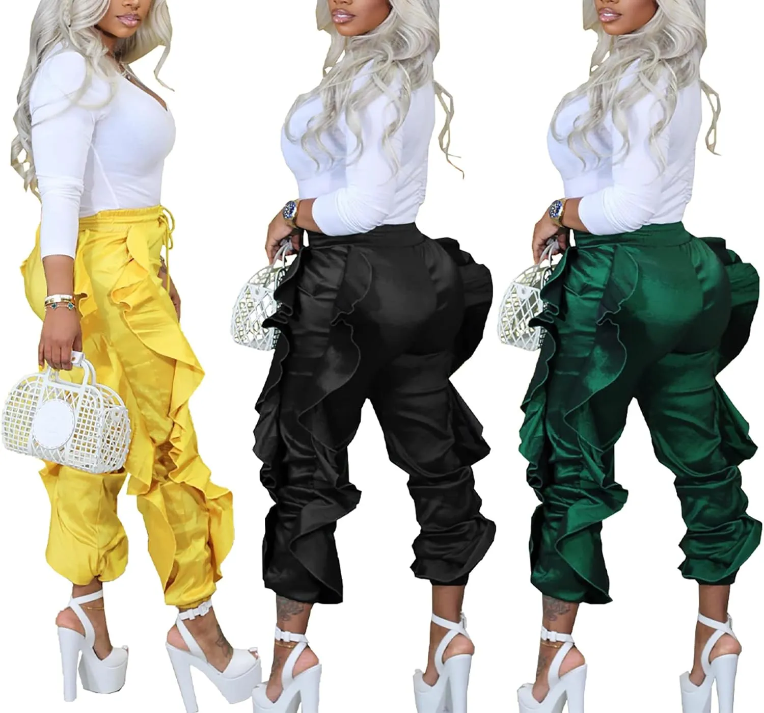Ecirod Womens Comfy Casual Drawstring Chino Pants High Elastic Waist Paperbag Pants Trousers