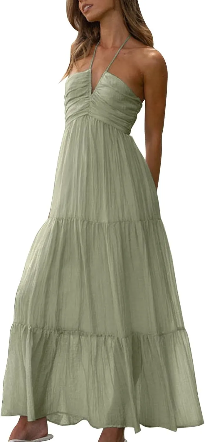 Eduavar Maxi Dresses for Women Summer, Bohemian Dresses for Women Sexy Halter Neck Off Shoulder Floral Print Long Dress