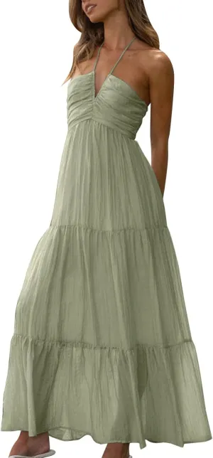 Eduavar Maxi Dresses for Women Summer, Bohemian Dresses for Women Sexy Halter Neck Off Shoulder Floral Print Long Dress