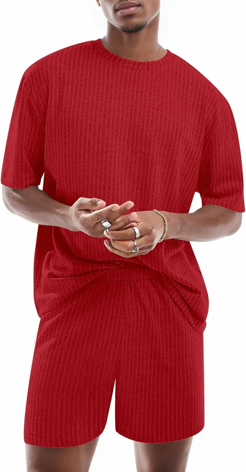 Ekouaer Mens Lounge Set Ribbed Knit Pajamas Set 2 Piece Short Set Outfits Sweatsuit Summer Soft Sleepwear Loungewear