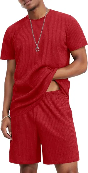 Ekouaer Mens Lounge Set Ribbed Knit Pajamas Set 2 Piece Short Set Outfits Sweatsuit Summer Soft Sleepwear Loungewear
