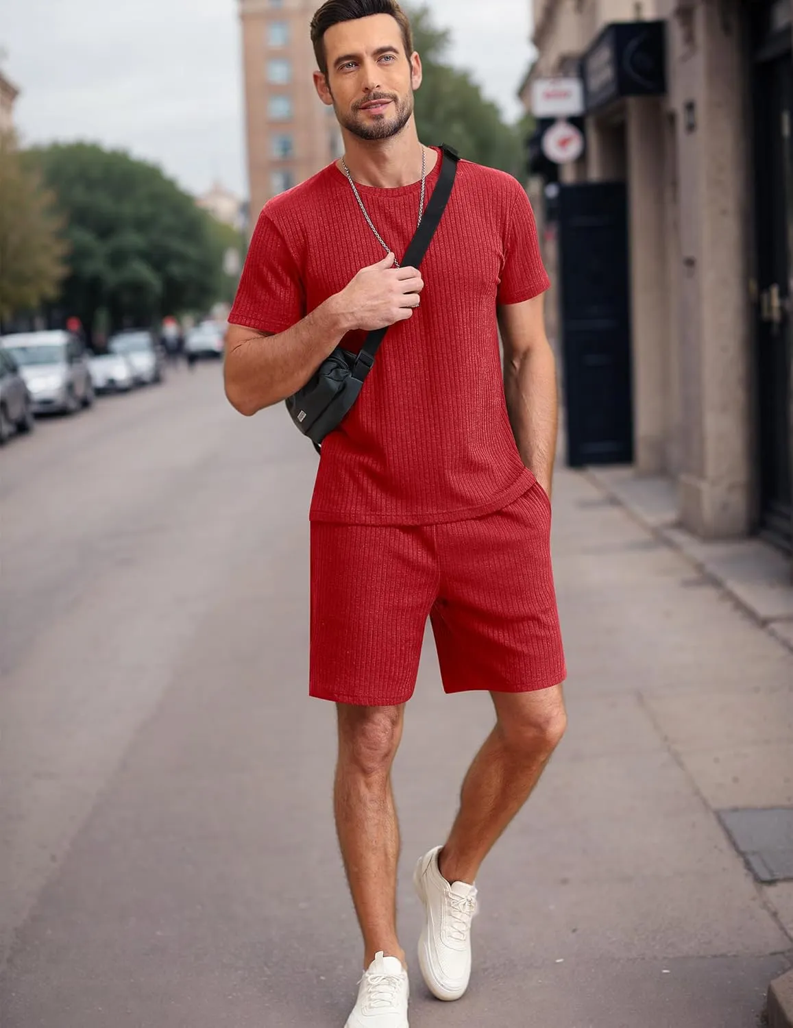Ekouaer Mens Lounge Set Ribbed Knit Pajamas Set 2 Piece Short Set Outfits Sweatsuit Summer Soft Sleepwear Loungewear