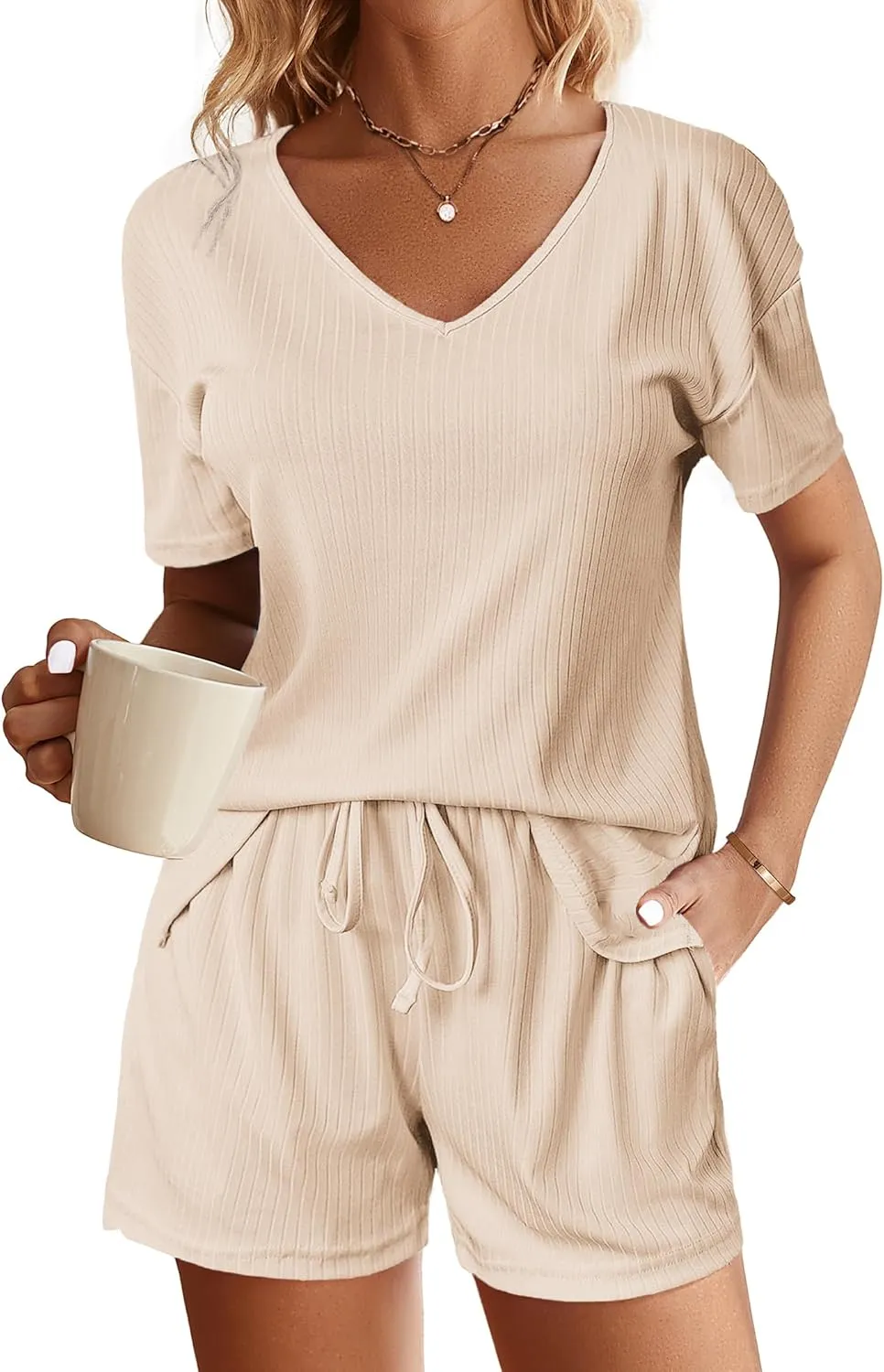 Ekouaer Rib Pajamas 2 Piece Lounge Sets Ribbed Knit Matching Outfits Shorts Sleep Set Sleepwear Loungewear Beige S