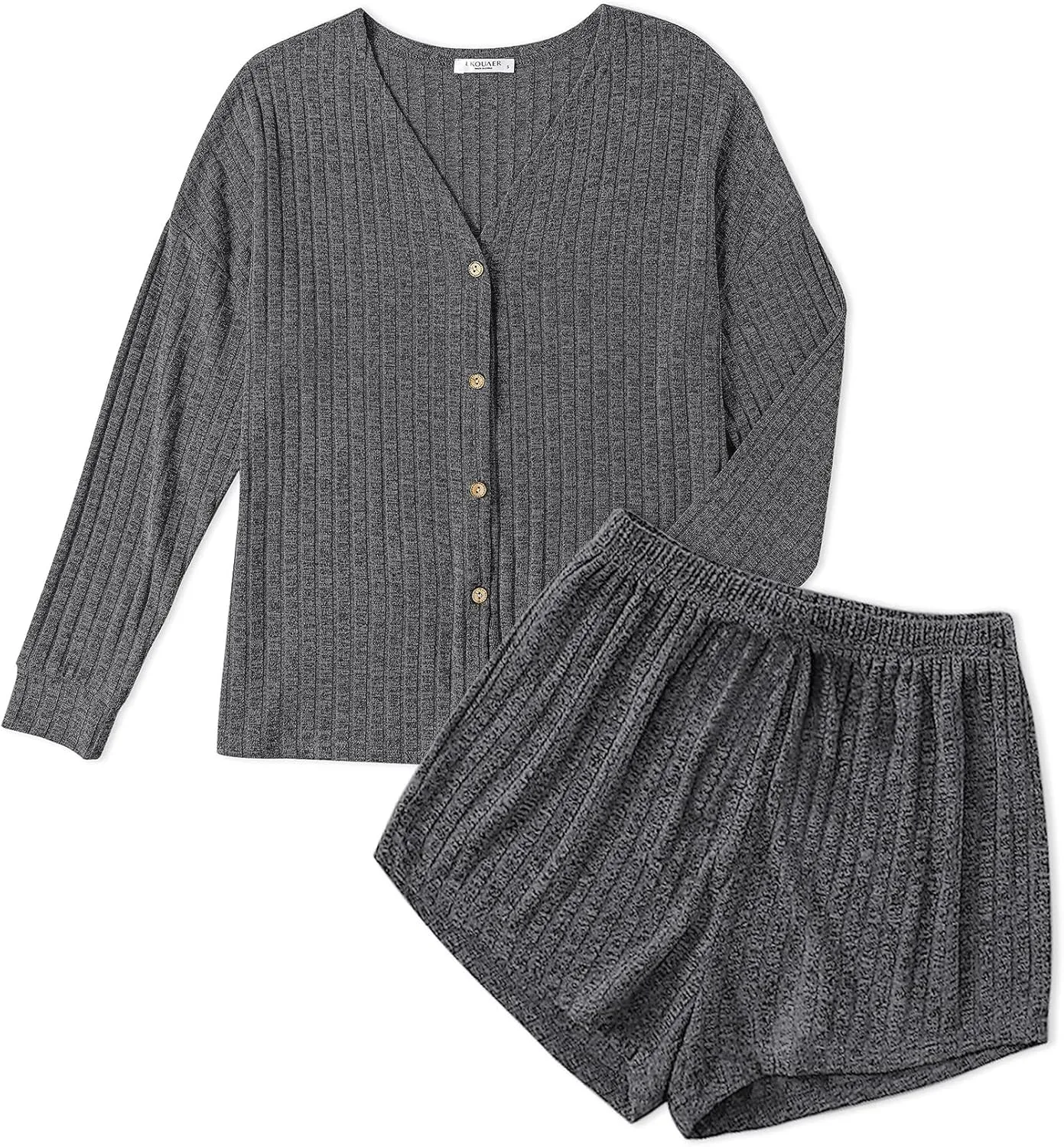 Ekouaer Ribbed Knit Pajamas Sets for Women Button-Down Loungewear Casual Shirt and Shorts 2 Piece Long Sleeve Soft Lounge Set