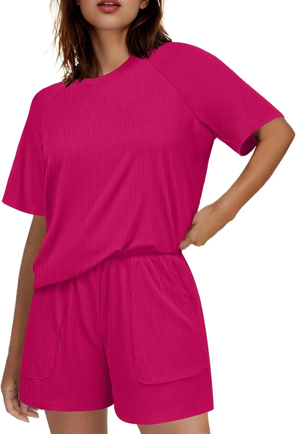 Ekouaer Women Pajama Sets Ribbed Knit 2 Piece Lounge Set Short Sleeve Pjs Summer Loungewear Sleepwear with Pockets